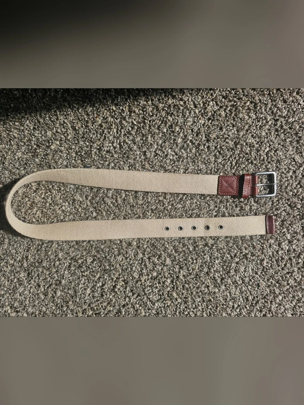 Eddie Bauer Cream Canvas Belt with Brown Leather Tip and Silver Buckle